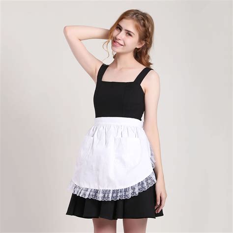 Women Vintage Waist Apron Lace Ruffles With 2 Pockets Headband Maid Costume Ebay