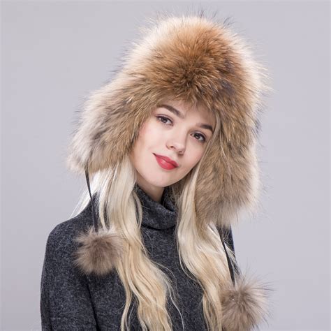 Fxfurs Fur Hat For Women Natural Raccoon Fox Fur Russian Ushanka Hats