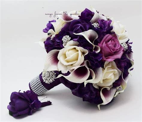 bridal bouquet real touch picasso callas purple lavender ivory roses rhinestones and purple hydra