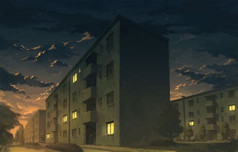 Building Anime Apartments City Artwork Night Wallpaper