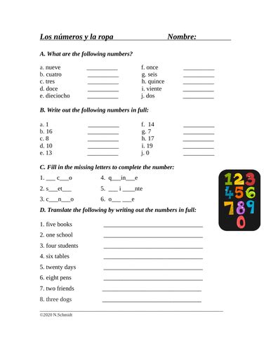 Spanish Numbers Worksheet Los Números 0 20 Teaching Resources