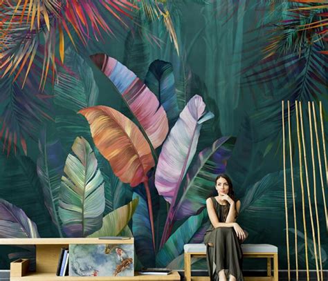 Hand Painted Tropical Plants Palm Wallpaper Huge Leaf With A Etsy In