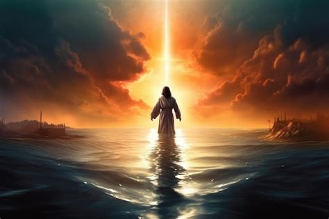 Imagen De Jesucristo Caminando Sobre El Agua Y Orando A Dios Tecnología
