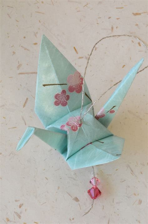 Origami Crane Hanging Ornament Pale Teal Japanese Paper Etsy