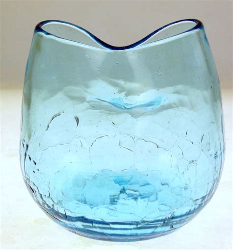 Vintage Blenko Small Blue Crackle Glass Pinched Ivy Vase Blenko Glass Crackle Glass