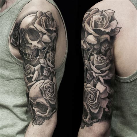 Modern tattoos for men are much less canonical and filled with symbolism. skull and rose half sleeve, done at Dublin Ink | Rose ...