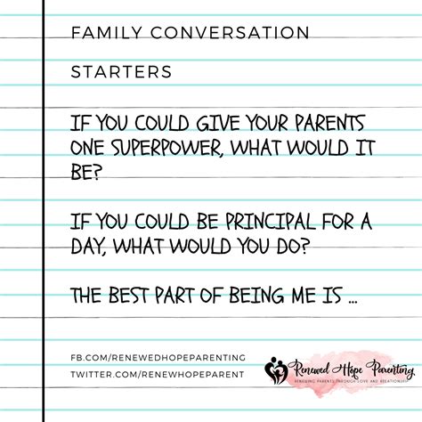 It is a great way to learn and know more about each other in a fun way. Easy Family Conversation Starters | Renewed Hope Parenting