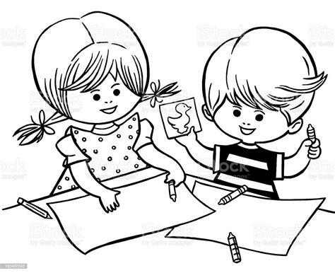 Ilustración de Niño Y Niña Para Colorear y más Vectores Libres de