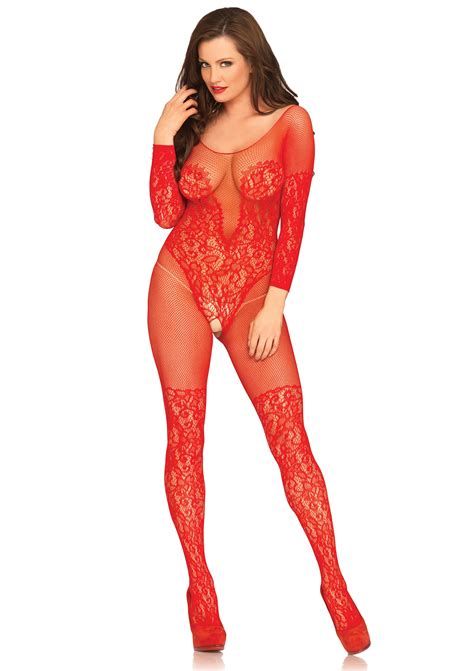 Vine Lace And Net Long Sleeved Bodystocking