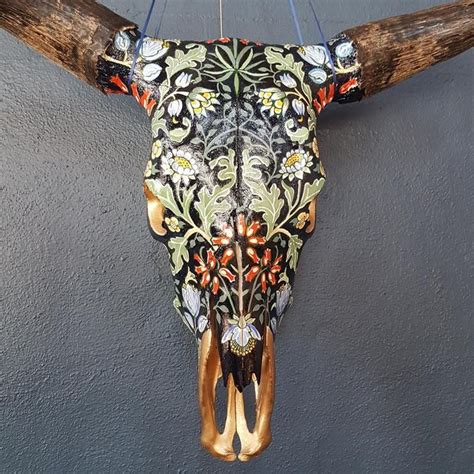 Real Steer Skull Cow Bull Horns Hand Painted William Morris Floral