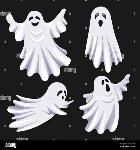 Flat Illustration With White Ghosts On Black Background For Decoration