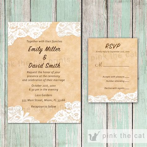 Lace Rustic Wedding Invitations And Rsvp Cards 2 Pink The Cat