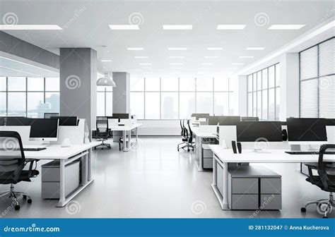 Modern White Office With Rows Of Desks And Clean Lines Interior