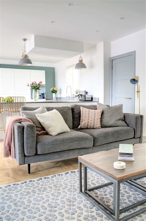 Collection by kads life blog. Open plan lounge and kitchen space with beautiful teals, soft greys and a touch of blush pink ...