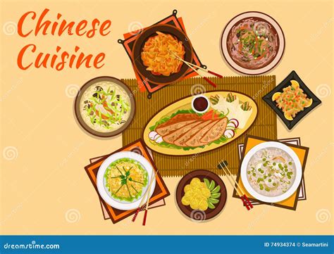 Chinese Cuisine Meat And Hot Soup Dishes Flat Icon Stock Vector