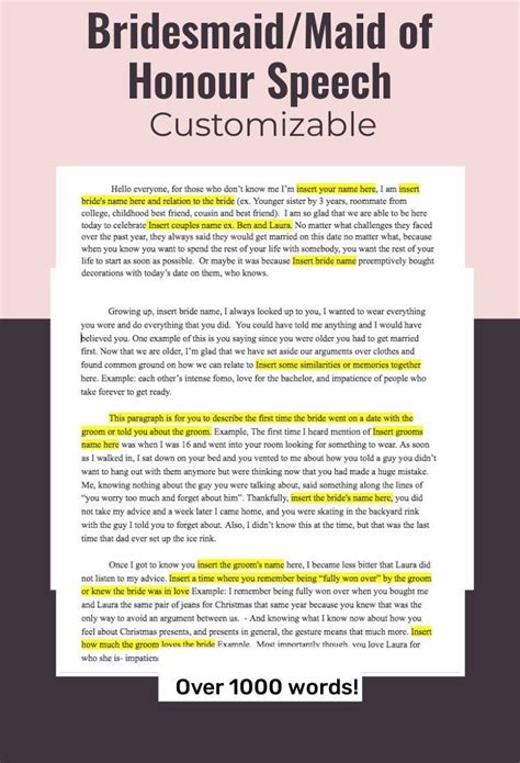 Maid Of Honor Speechbridesmaid Speech Template Etsy Canada In 2023