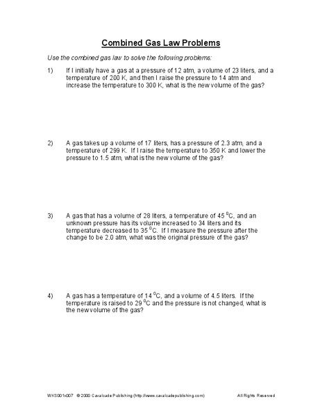 The gas has a density of 1.768 g/l therefore two pieces of information are given: Combined Gas Law Problems Worksheet for 10th - 12th Grade ...
