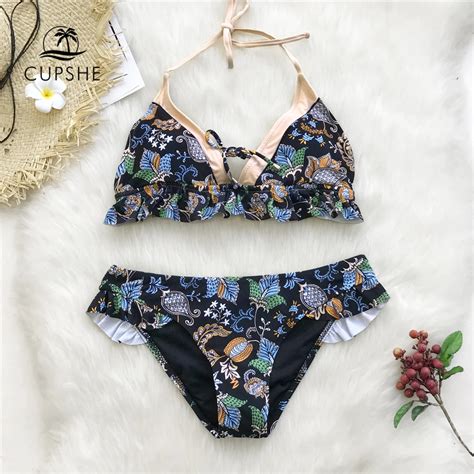 cupshe floral print self tie halter bikini sets women ruffles cute two pieces swimsuits 2019