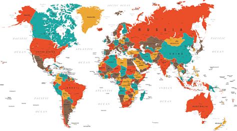 Green Red Yellow World Map Borders Countries And Cities Stock
