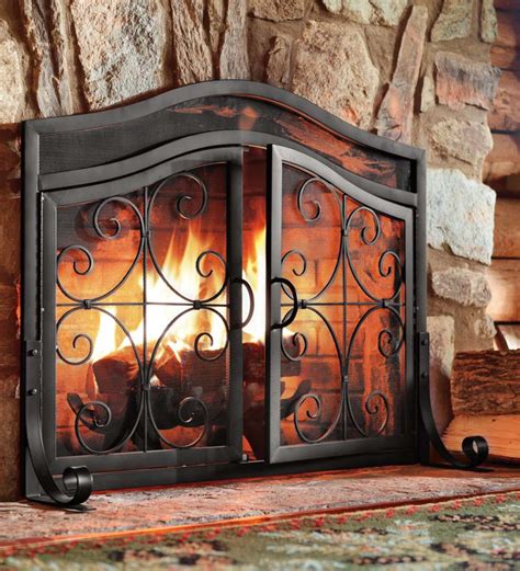 Large Crest Fireplace Screen With Doors Black Plowhearth