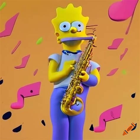 Artistic Depiction Of Lisa Simpson As A Cat Playing A Saxophone With