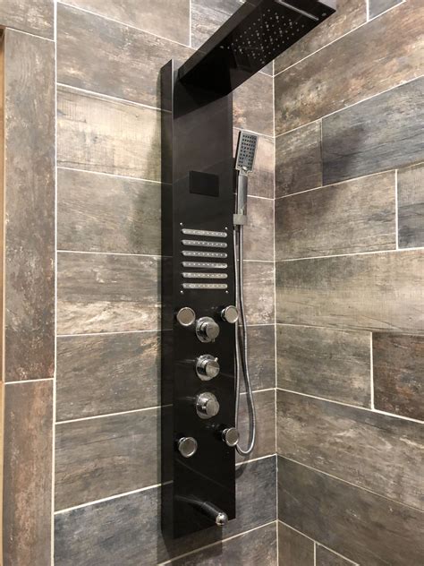 Wood Look Shower With Modern Shower Panel Doorless Shower Design Bathroom Remodel Shower