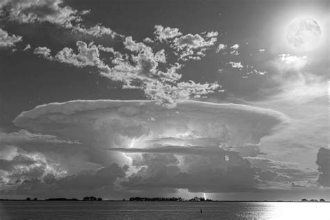Full Moon Lightning Storm In Black And White Photograph By