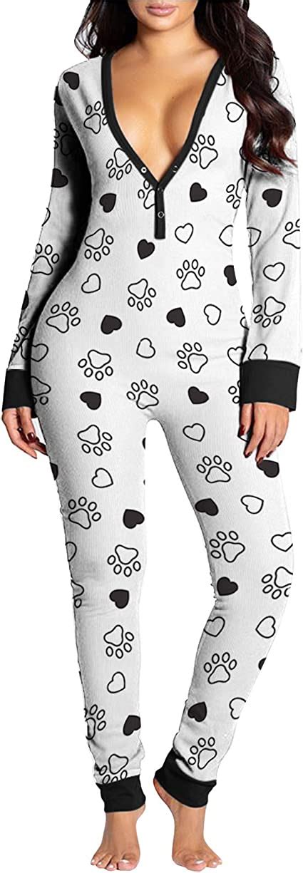 Mioliknya Womens Sexy V Neck Jumpsuit Butt Flap Pajamas Onesie Long Sleeve One Piece Sleepwear