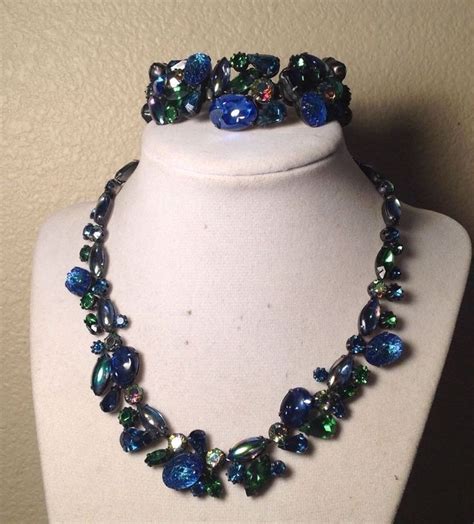 Vtg Kramer Blue Aurora Borealis Molded Rhinestone Bracelet And Necklace