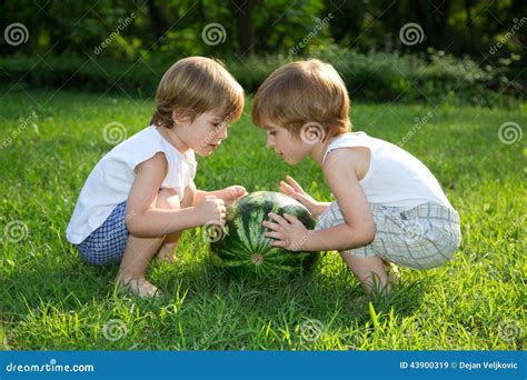 Happy Twin Brothers Playing With Watermelon On Green Grass In Summer Park Stock Image Image Of