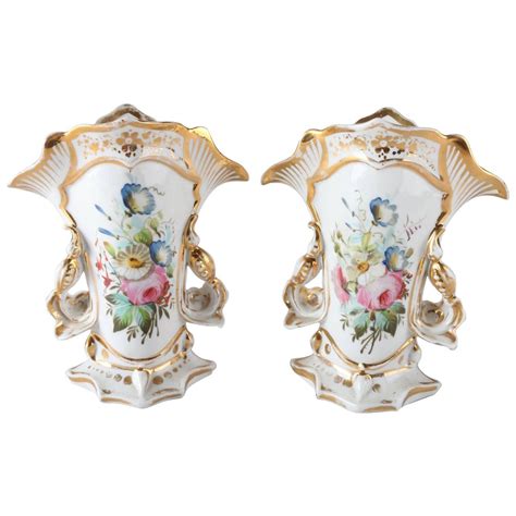 Pair Of Antique French Old Paris Hand Painted And Gilt Handled Spill