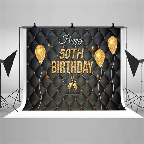 Happy 50th Birthday Banner Photography Backdrops Gold Balloons Black