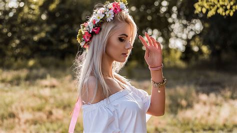 wallpaper women outdoors model blonde flowers dress fashion crown spring clothing