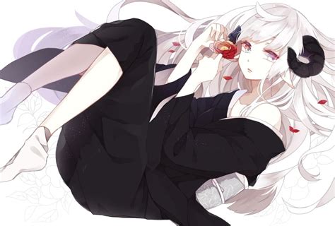 White Hair Anime Girl Horns Anime Wallpaper HD