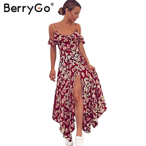 Berrygo Sexy Cold Shoulder Ruffle Long Dress Women Split Floral Print Maxi Dress Elegant V Neck