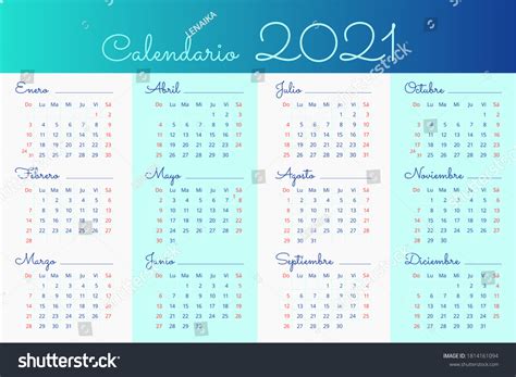 Spanish Wall 2021 Calendar Sundays Saturdays Stock Illustration