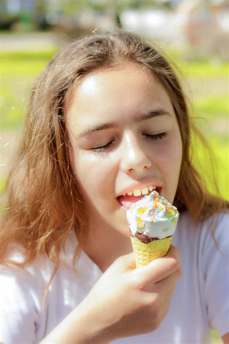 Beautiful Teen Girl Eating Ice Cream Waffle Cone Summer Selective Focus Stock Photos Free
