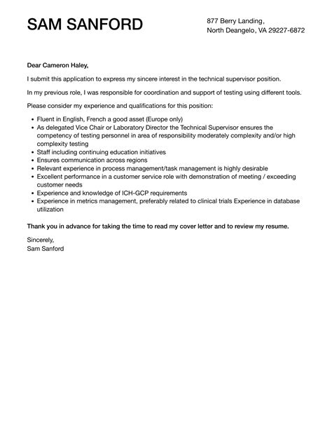 Technical Supervisor Cover Letter Velvet Jobs