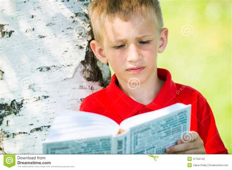 Schoolboy Reading The Book At Nature Stock Photo Image Of Schoolboy