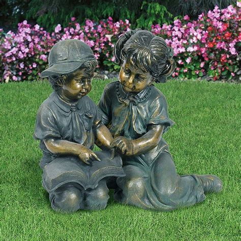 Bronze Boy And Girl Reading Book Garden Statue For Sale