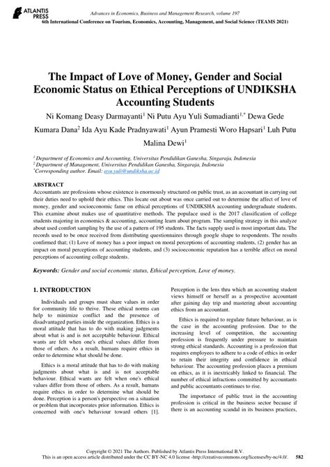 pdf the impact of love of money gender and social economic status on ethical perceptions of