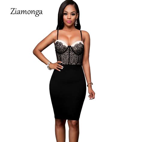 Ziamonga 2018 Sexy Padded Bra Bodycon Midi Dress V Neck Sleeveless Straps Floral Lace Dress
