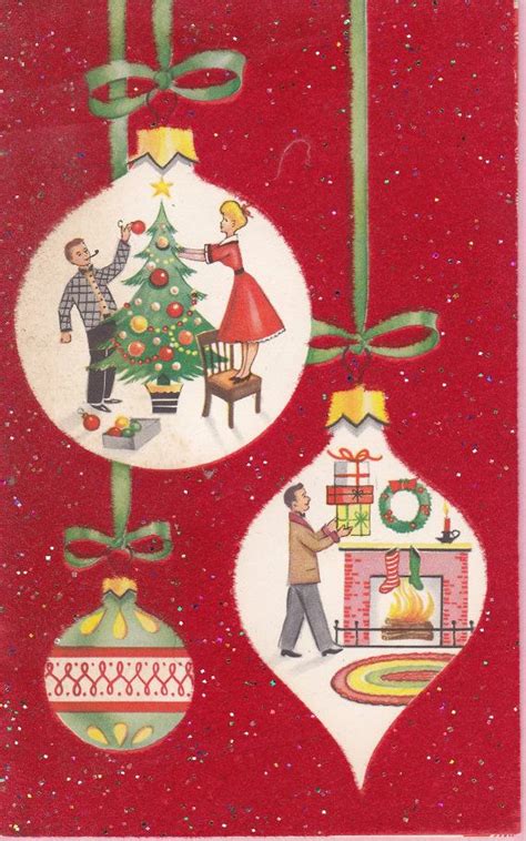 Vintage 1950s Flocked Christmas Card W Retro Ornaments C7 Etsy
