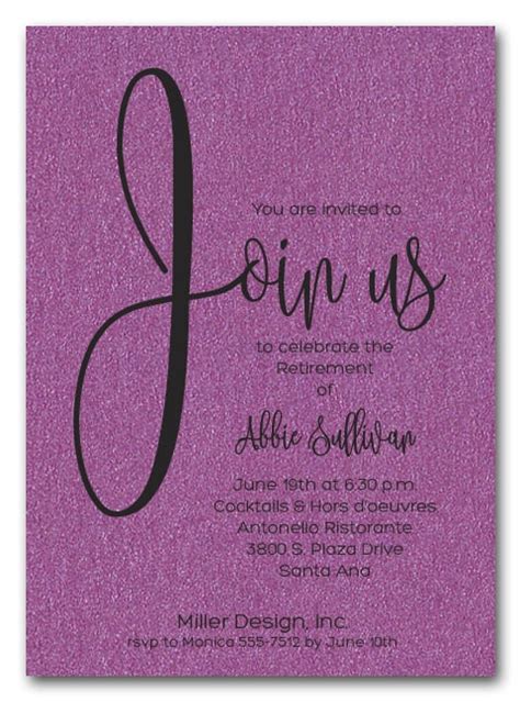 In any era, the goal with a workplace retirement party is to honor and respect an employee's valued years. Shimmery Purple Join Us Retirement Party Invitations