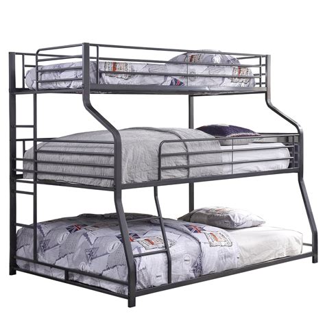 Industrial Style Metal Triple Bunk Bed With Attached Ladder Gray