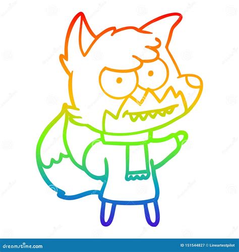 A Creative Rainbow Gradient Line Drawing Cartoon Grinning Fox In Winter