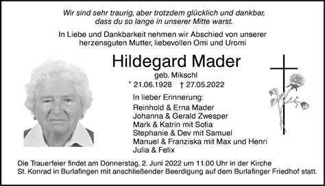 Traueranzeigen Von Hildegard Mader Augsburger Allgemeine Zeitung