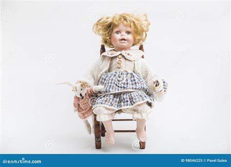 Ceramic Porcelain Handmade Doll With Big Blue Eyes And Curly Blond Hair