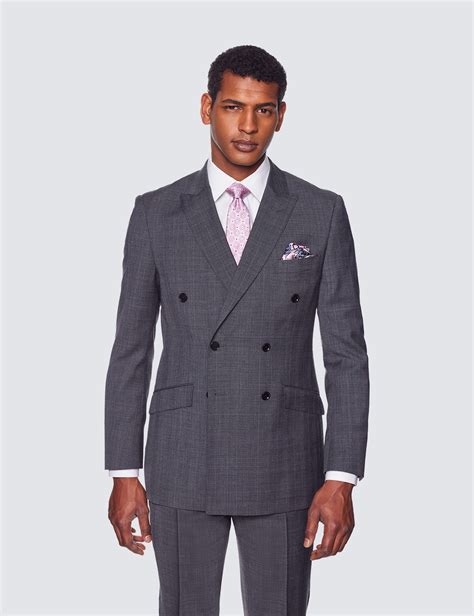 men s grey and blue prince of wales check double breasted slim fit suit jacket hawes and curtis