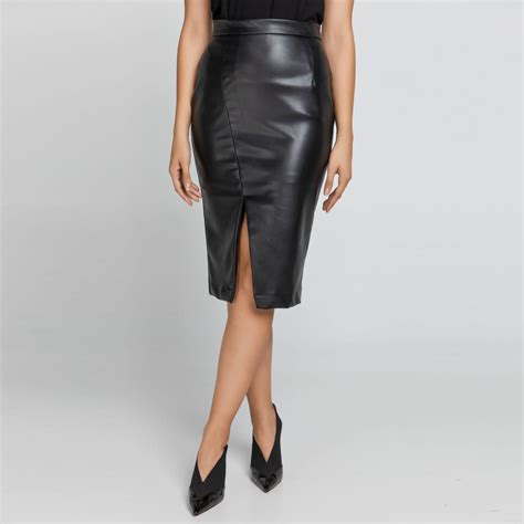 Black Faux Leather Pencil Skirt Front Slit Conquista Wolf And Badger